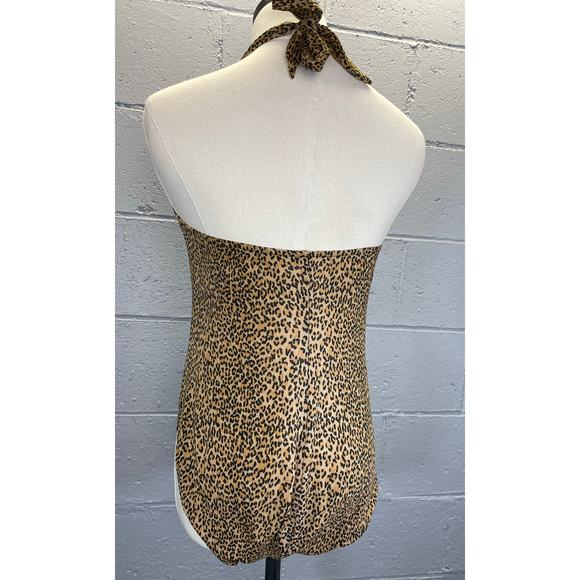 Vintage 1990s Leopard Print Halter Lace Up Bust High Cut Ome Piece Swimsuit M/L - Picture 5 of 10